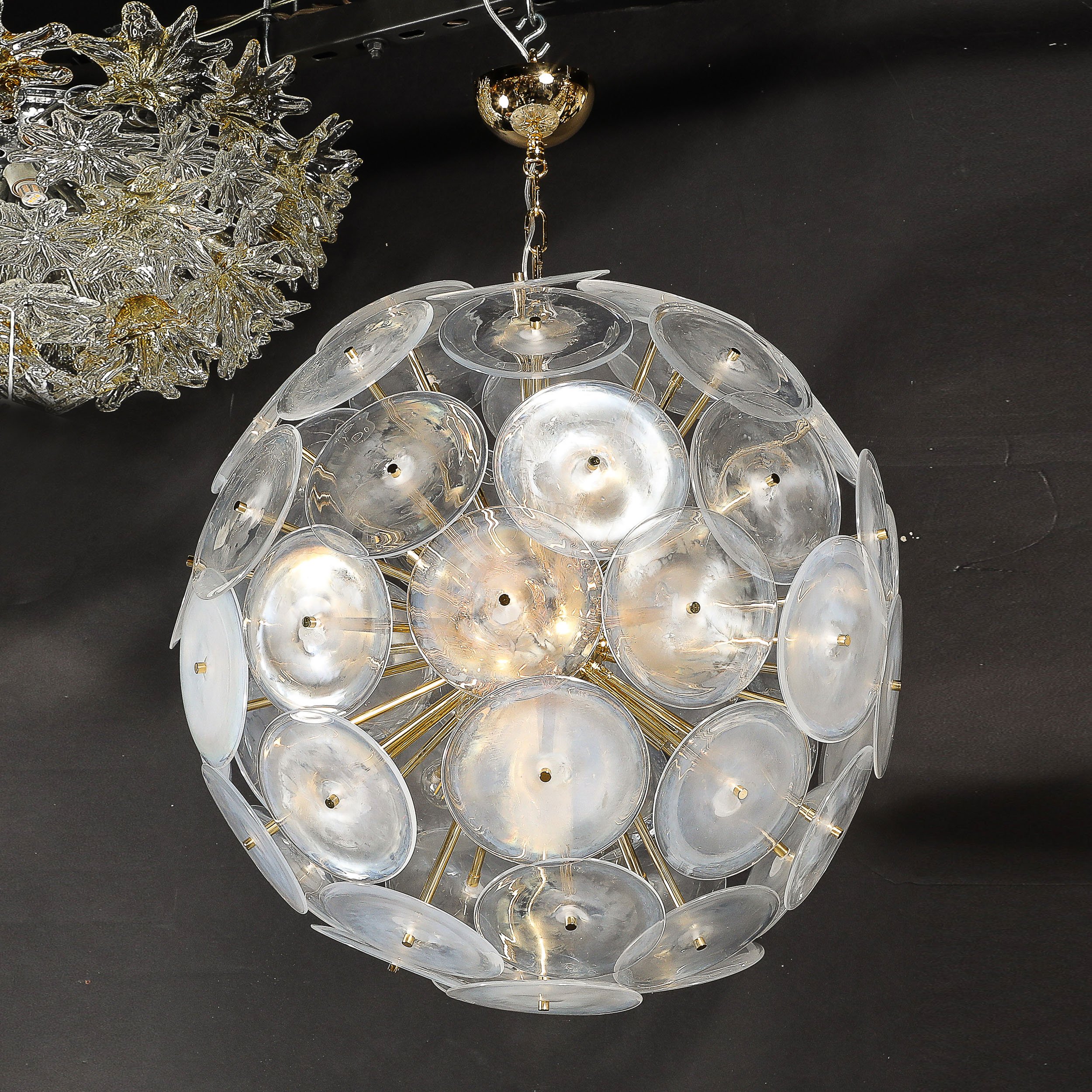 Modernist Hand-Blown Opalescent Murano Glass Disk Chandelier w